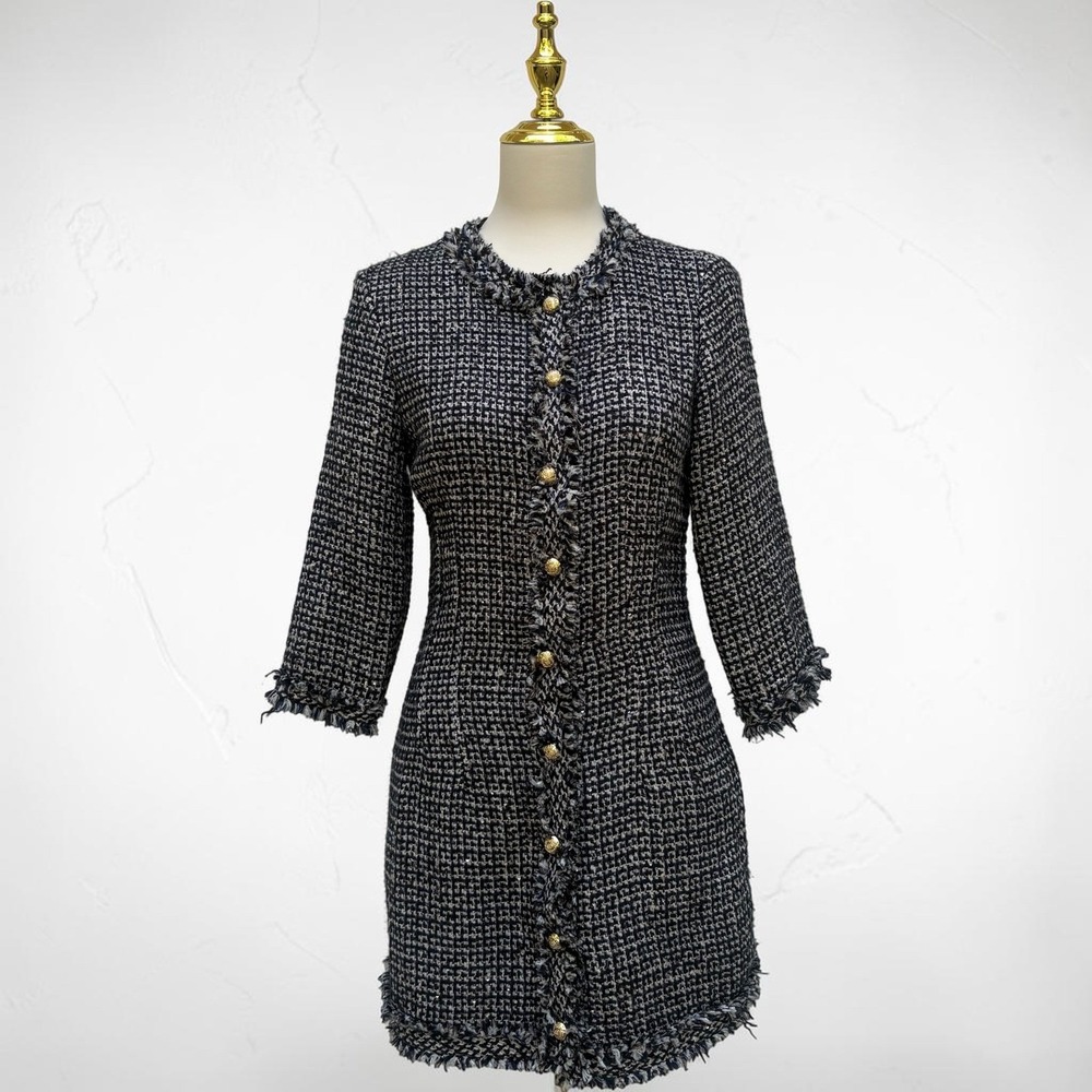 Zara Tweed Mini Dress Size M Black Blue Gold Button Frayed Trim Classic Preppy